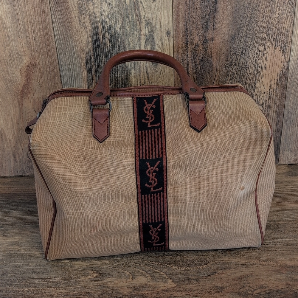 YSL Yves Saint Laurent Vintage Canvas Mini Boston Brown Leather Trim HandBag - Picture 4 of 13